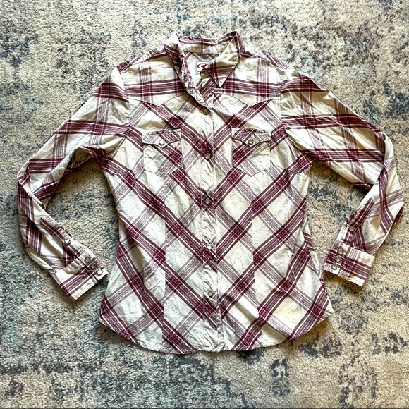 Roper Tops - Roper | Plaid Button Up Shirt Flap Pockets Cream Burgundy Metallic Women’s L